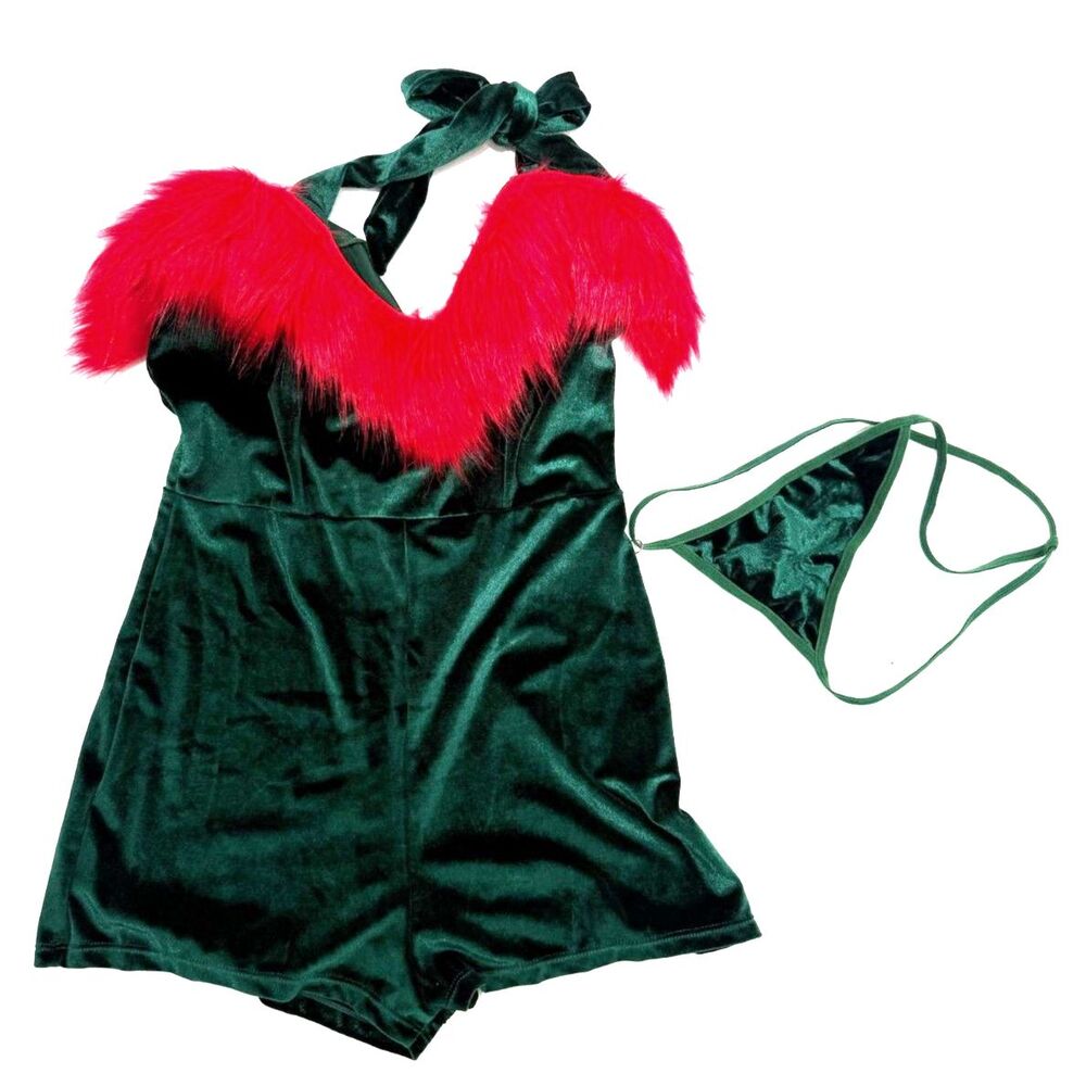 Avidlove NWT Christmas green velvet romper + thong